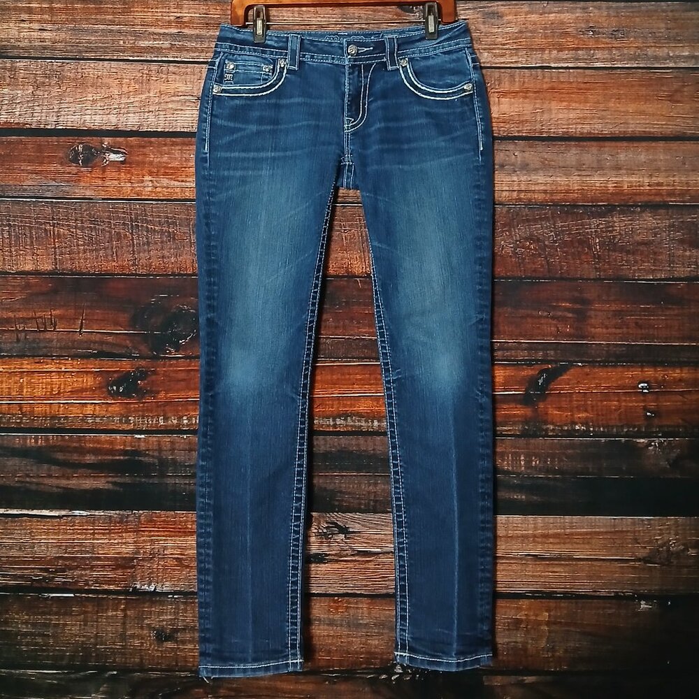 Miss Me Jeans 29 Signature Skinny Low Rise Embellished Blue Denim Stretch - Picture 2 of 12